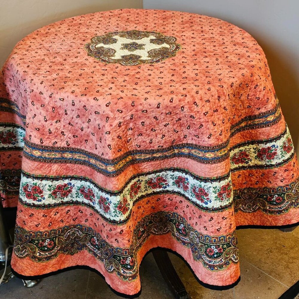 Marat Quilted Round Tablecloth Cottage Floral Medallion 64”